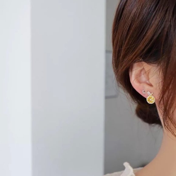 Jeweled Orange Diamond Fruit Gold Stud Minimalist Dainty Luxury Unique Earrings - Picture 5 of 6